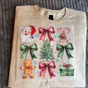 Gildan Beige Long Sleeve Tee with Festive Print